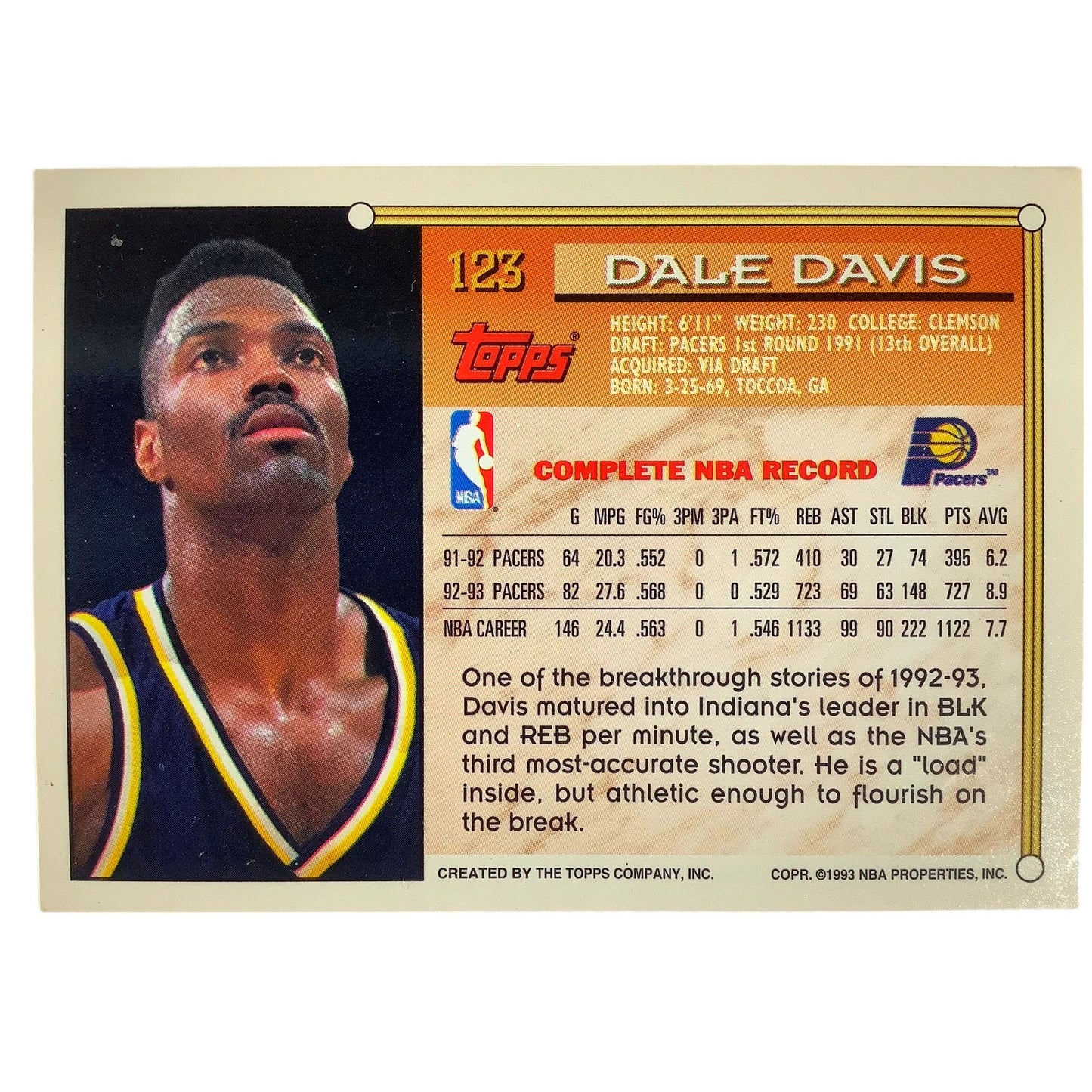 Dale Davis, Indiana Pacers, 1993 Topps Collector's Card 123, EXC