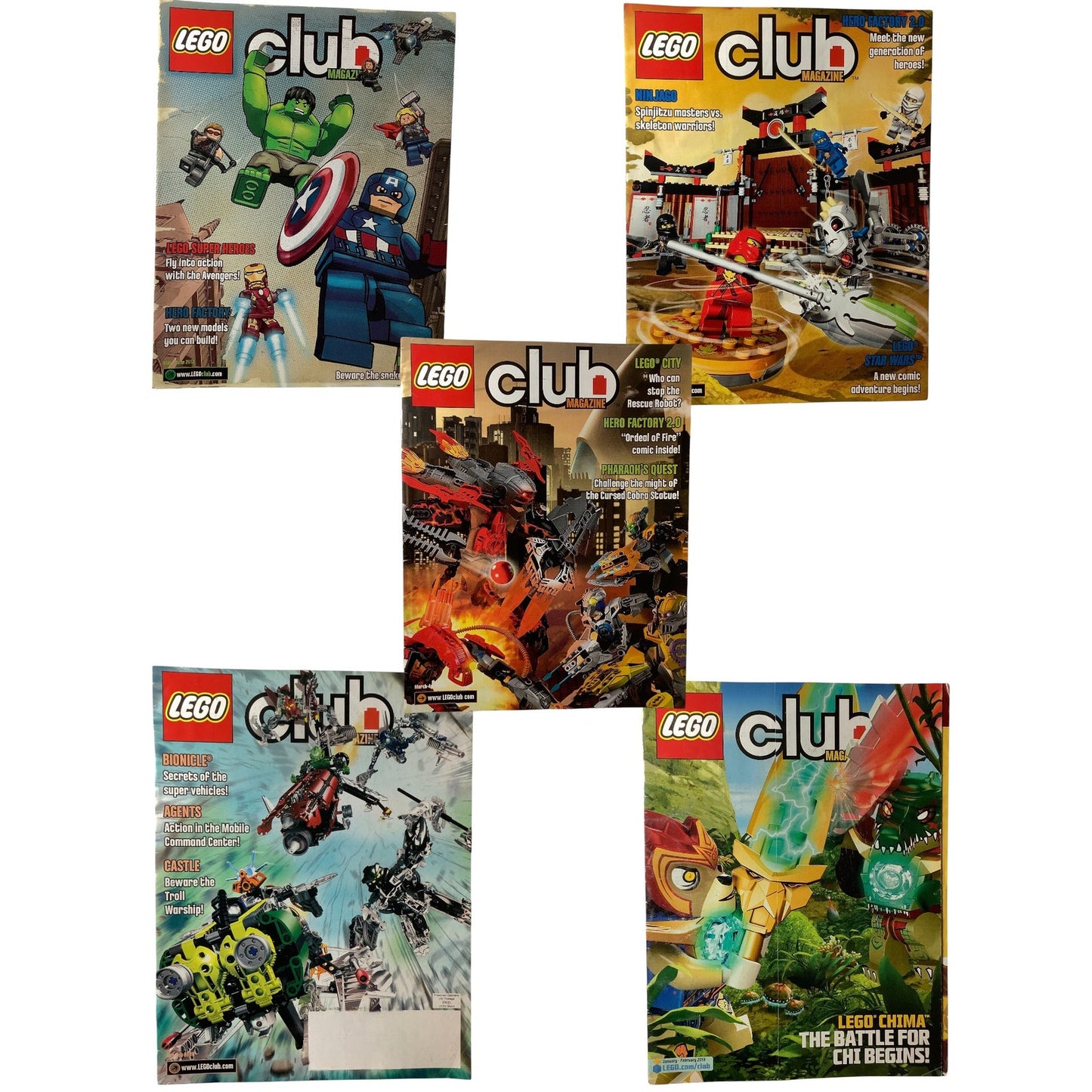 5 x Back Issues Lego Club Magazines, 5  issues from 2008-2013 Pictured