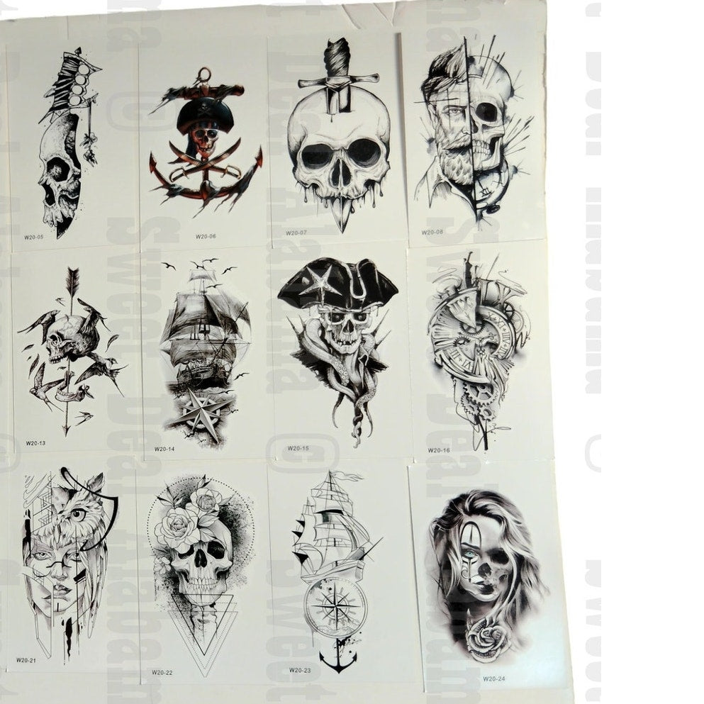 24 Sheets Pirate Skull Temporary Tattoos - Waterproof, Fake Body Art Stickers