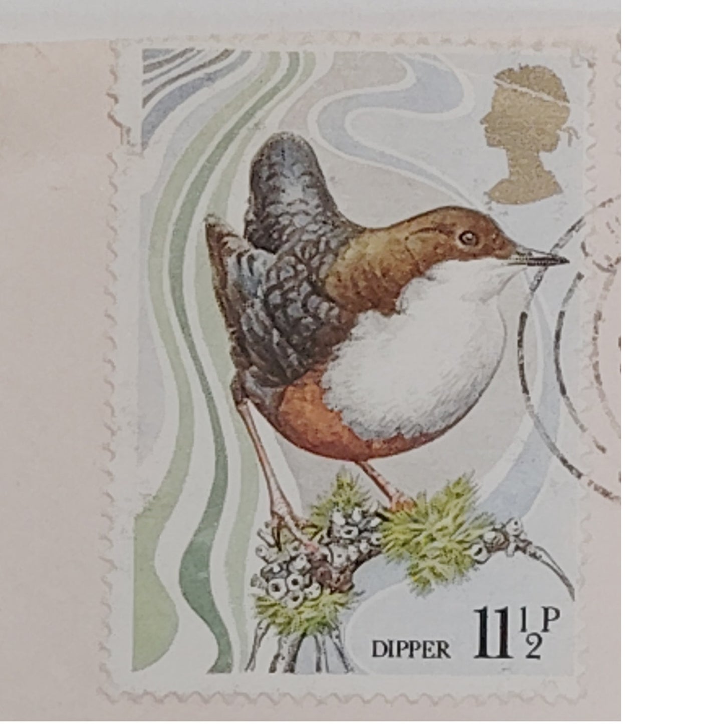 1970s British Postage Stamps, Canceled ½p 2p 11½p Queen Elizabeth II Dipper Bird