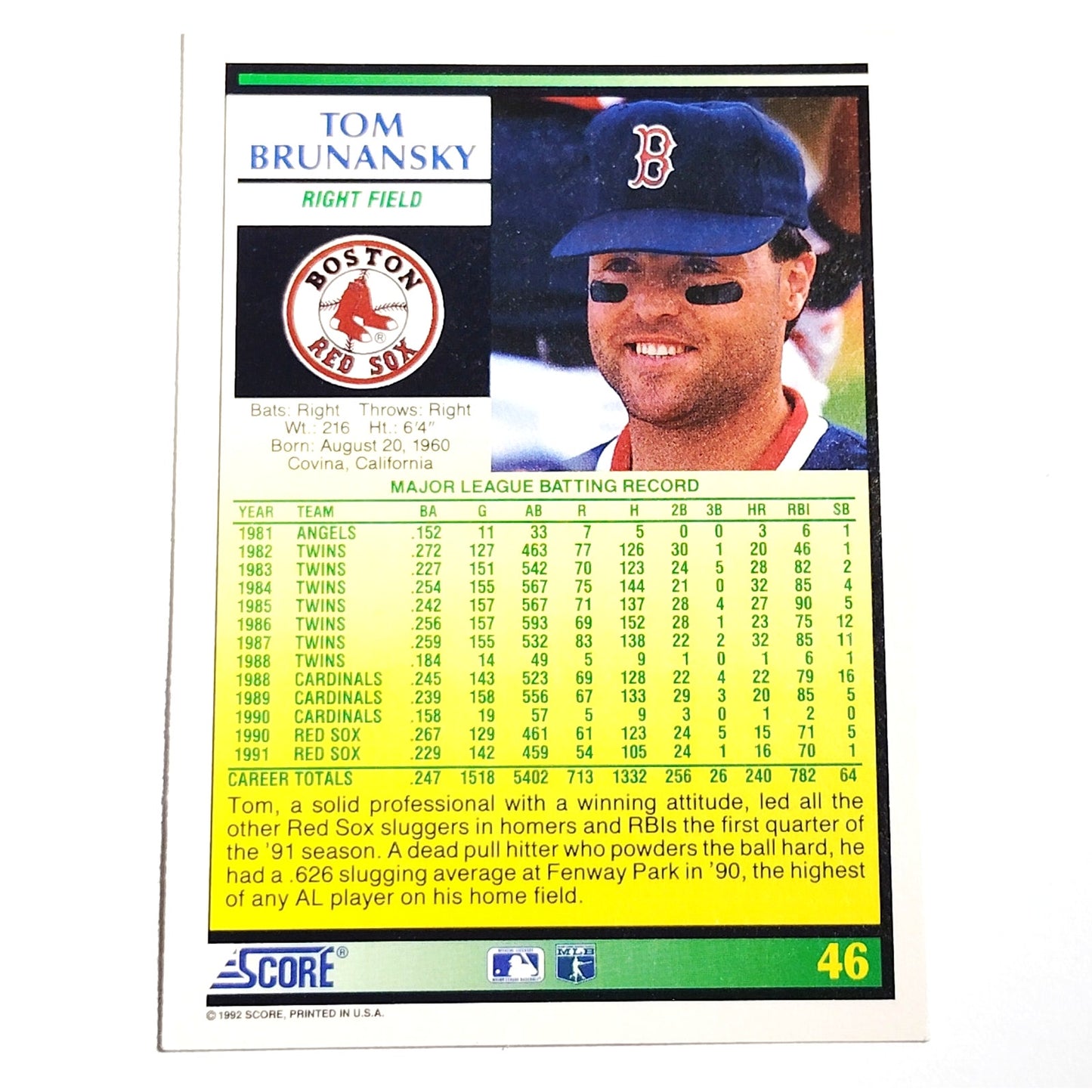 1992 Score Tom Brunansky #46 Boston Red Sox Right Fielder MLB Baseball NM