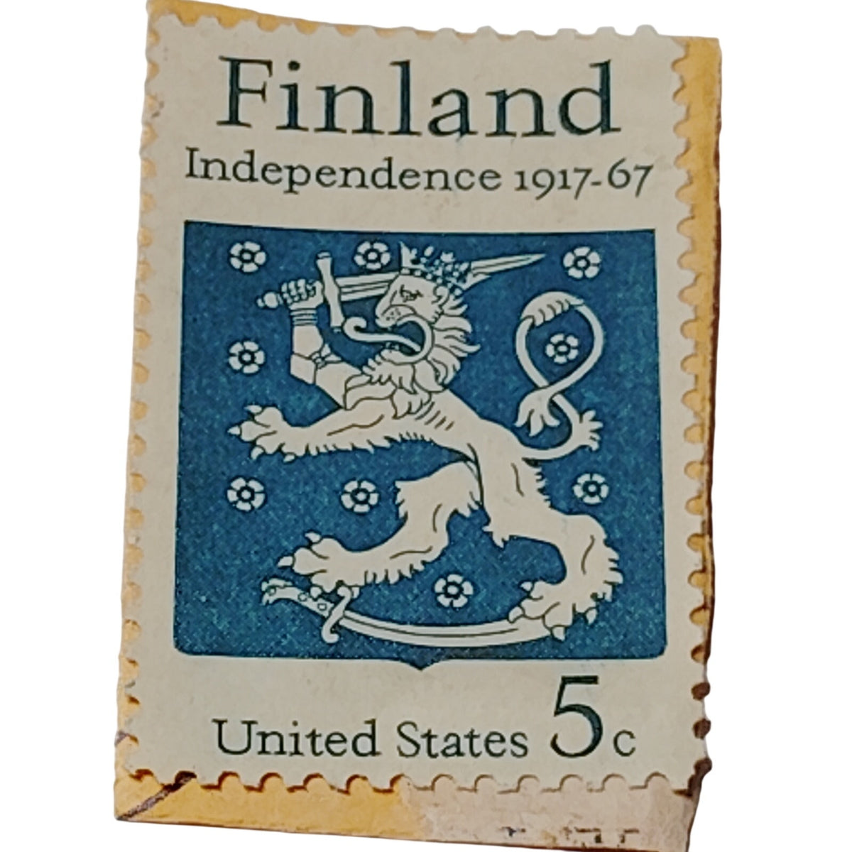 1967 US 5c Finland Independence Stamp - Blue & White Lion Crest Design