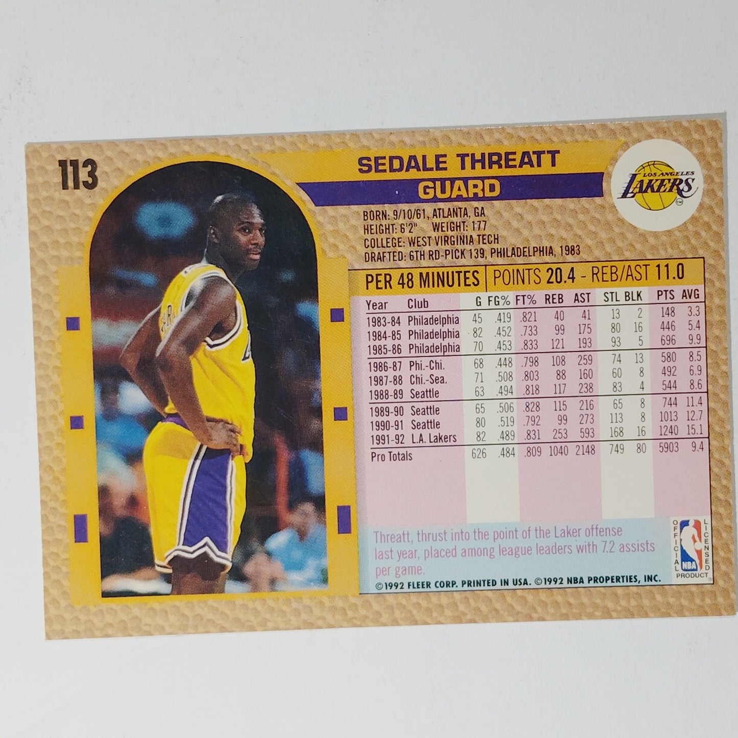 1992–93 Fleer Sedale Threatt #113 – Los Angeles Lakers – Guard – NBA Card