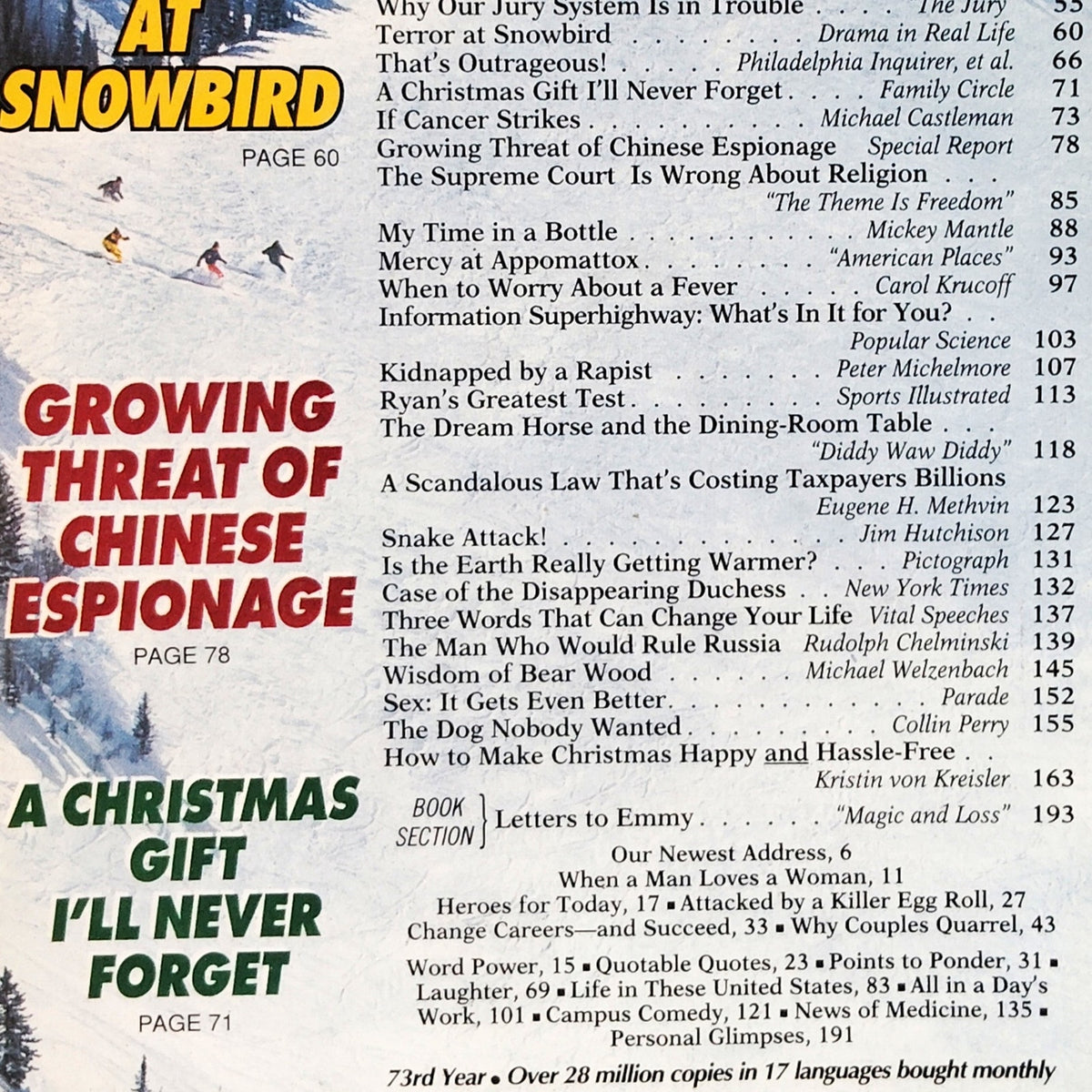 Reader's Digest Magazine December 1994 Vintage Back Issue Snowy Ski Cover