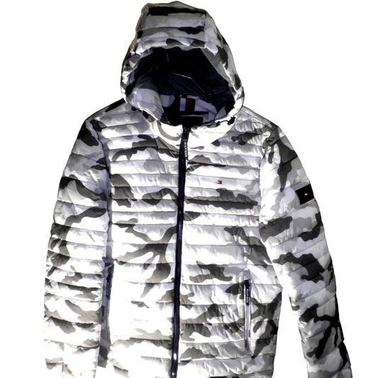 Tommy Hilfiger Men's Stretch Poly Hooded Packable Puffer Jacket, SM, White Camo