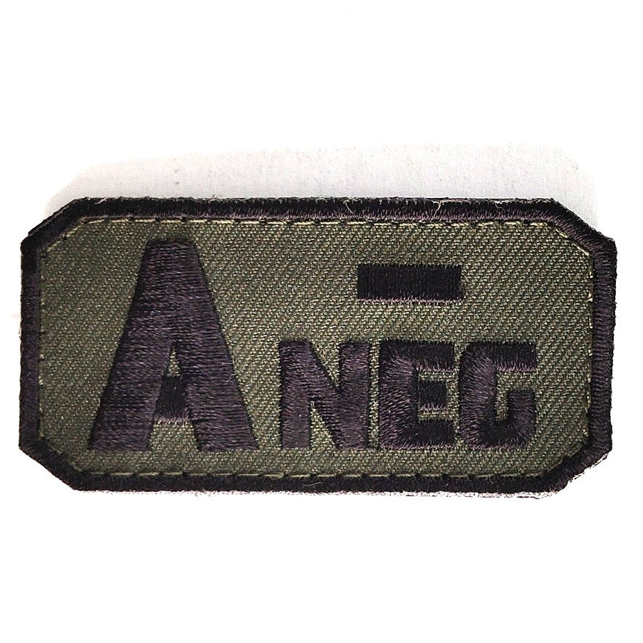 A‑ NEG Blood Type Novelty Patch Subdued Black on Green 2‑1/2" × 1‑1/4" Hook Back