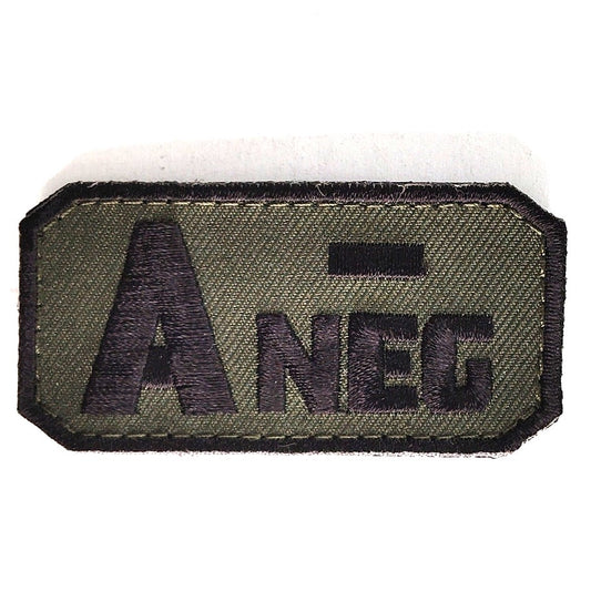 A‑ NEG Blood Type Novelty Patch Subdued Black on Green 2‑1/2" × 1‑1/4" Hook Back