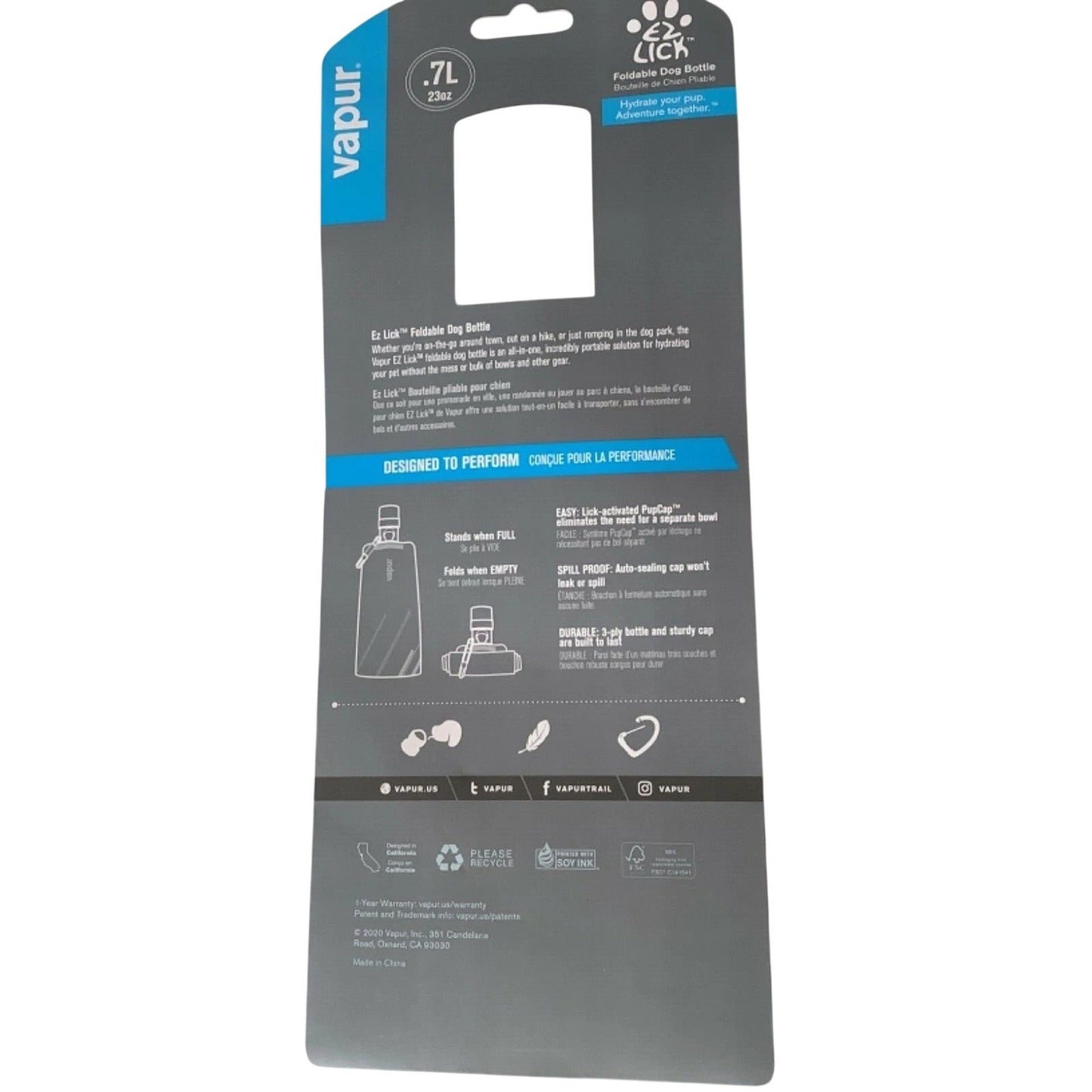 Vapur EZ Lick™ Collapsible Dog Water Bottle 23 oz Whiteout Lick‑Activated, White