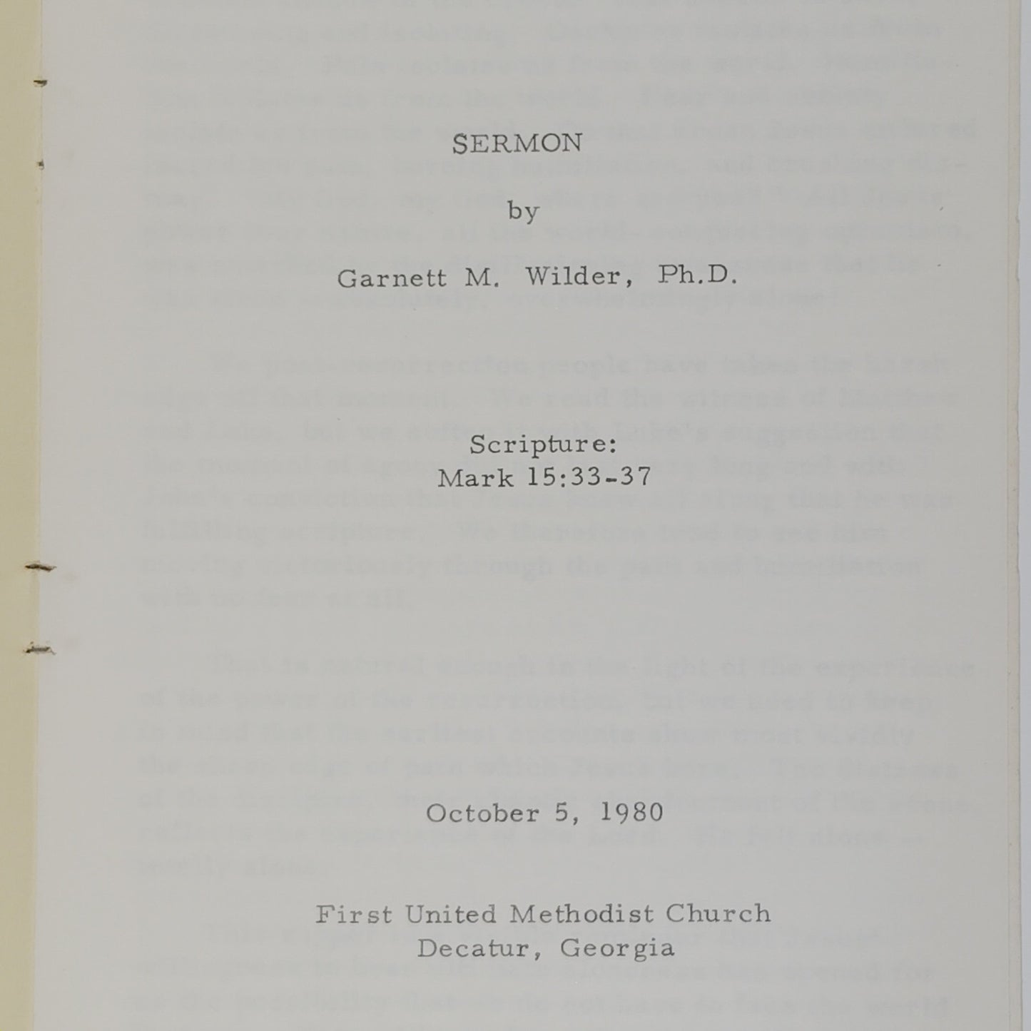 7 Sermon Programs – Garnett M. Wilder, Ph.D. – First United Methodist Church, Decatur GA – 1980–1981