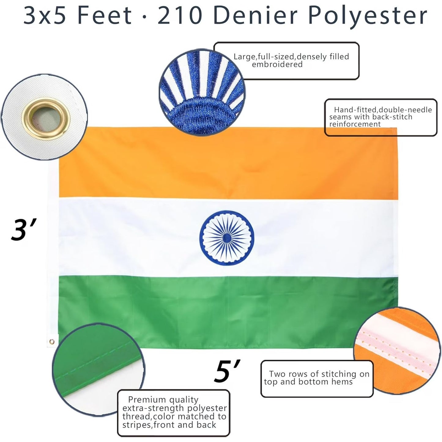 India Flag 3×5 ft Nylon Sewn Stripes Embroidered Ashoka Chakra Brass Grommets