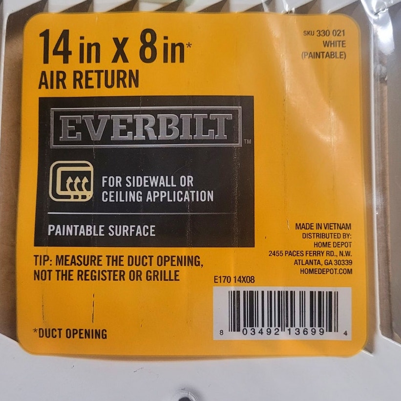 Everbilt 14 in. x 8 in. Steel Wall / Ceiling Return Air Grille in White