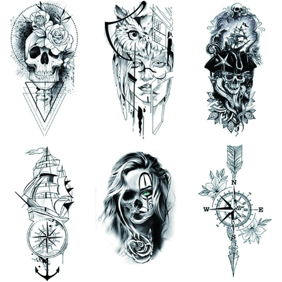 24 Sheets Pirate Skull Temporary Tattoos - Waterproof, Fake Body Art Stickers