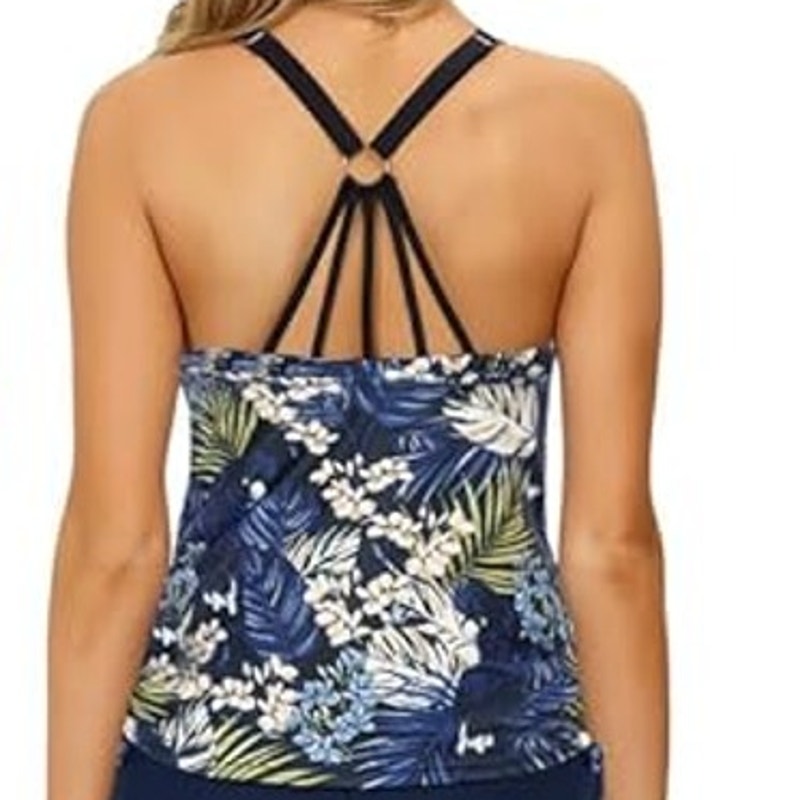 Jasambac Dark Blue Palm Leaves Tankini Top Scoop Neck Ruched Women’s 2XL