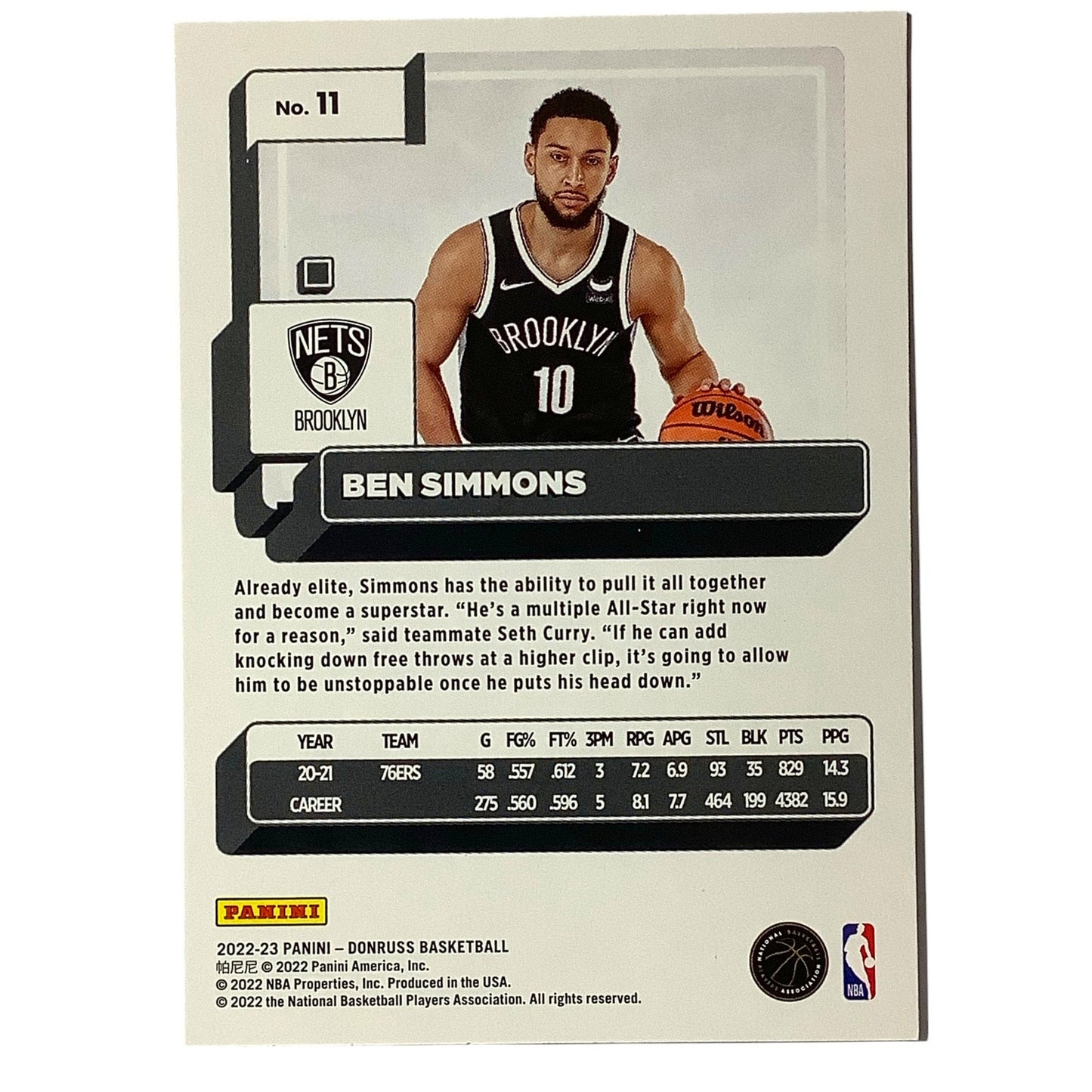 Ben Simmons, Card #11, Brooklyn Nets, 2022-23 NBA Panini Donruss