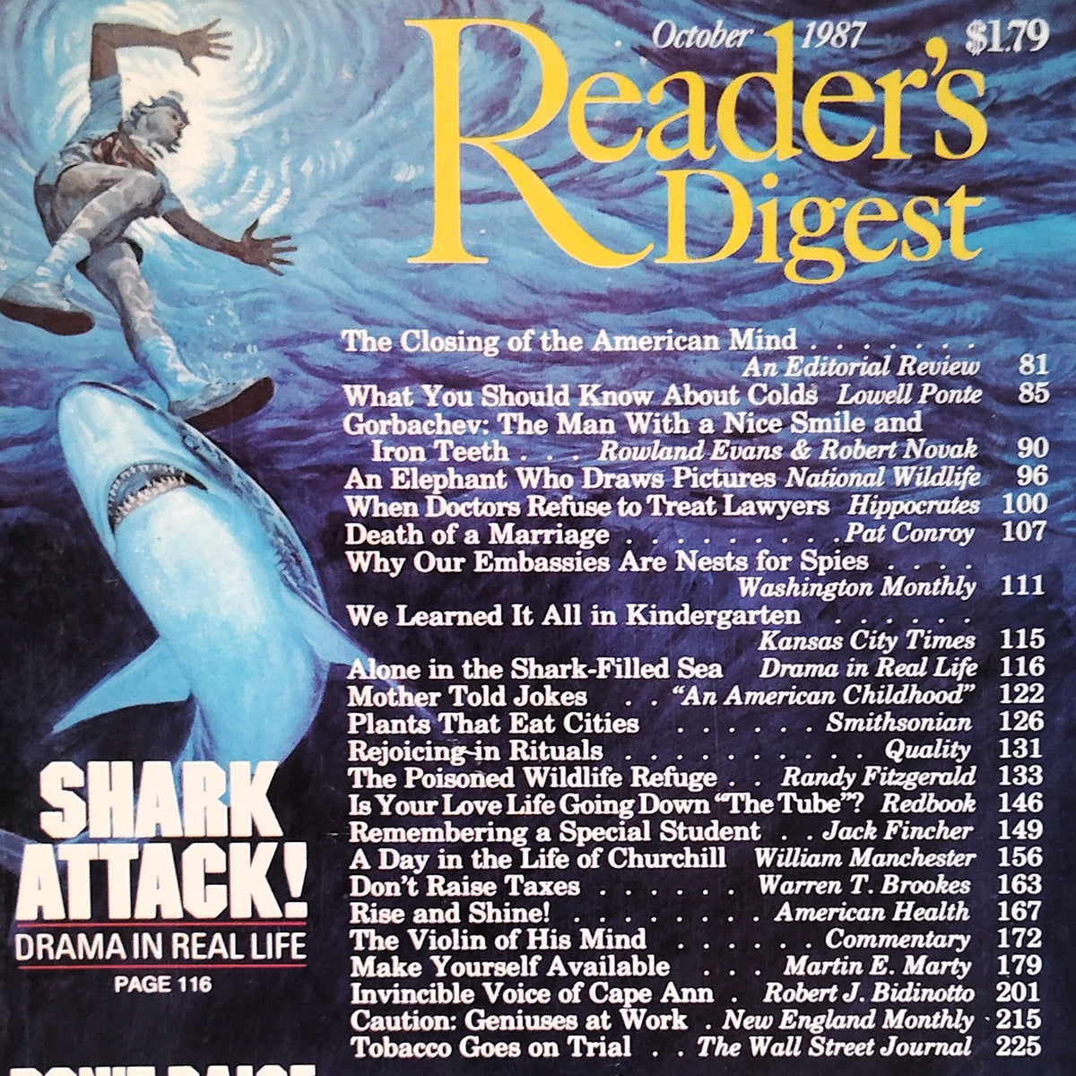 Reader's Digest Magazine October 1987 Shark Attack Cover Gorbachev Churchill