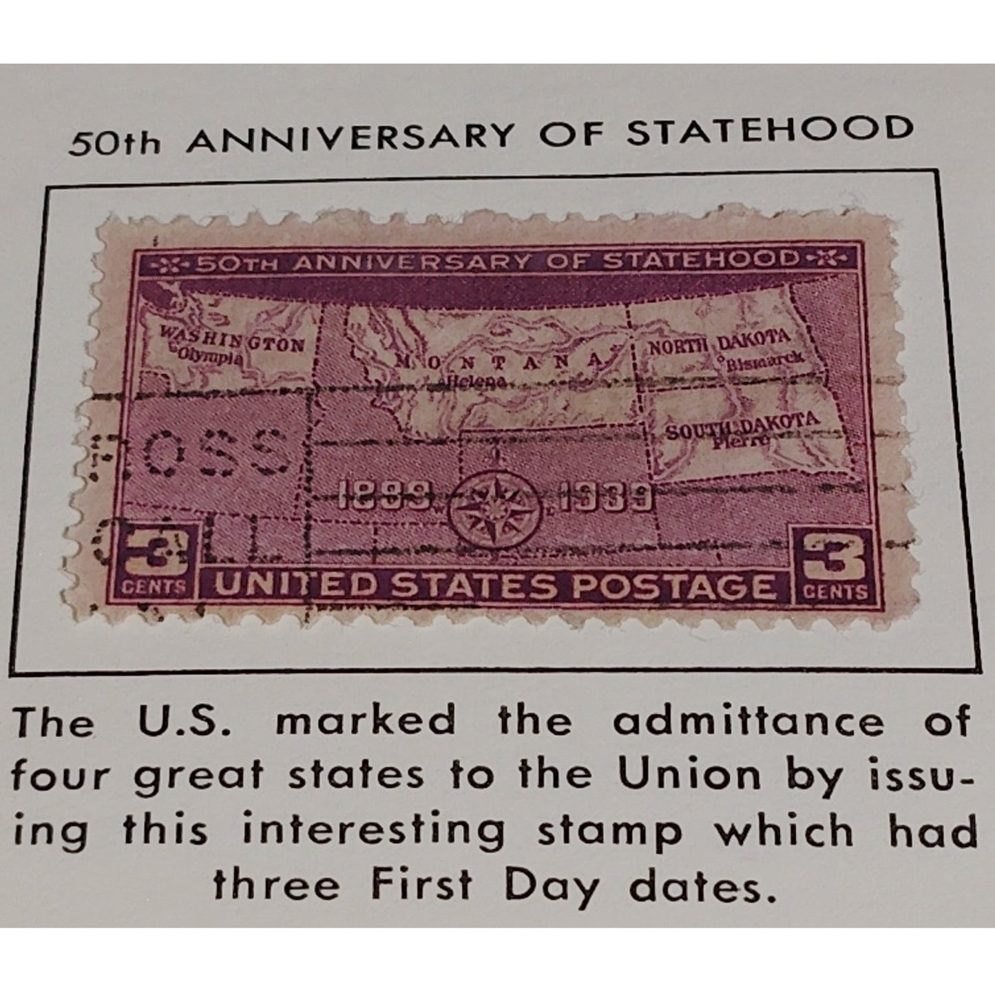 1939 3¢ Statehood Anniversary Stamp – Scott 858 – ND SD MT WA – Canceled