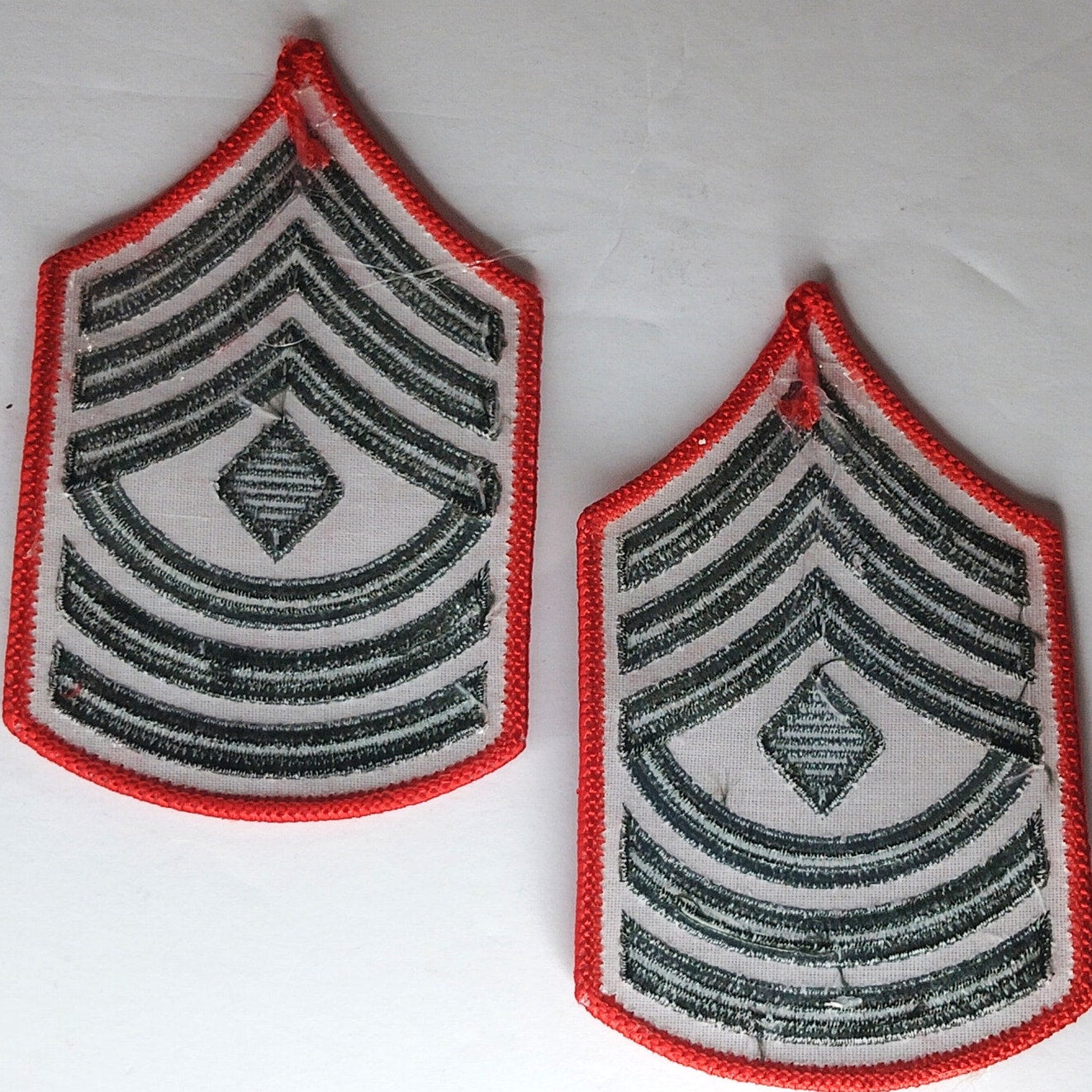 USMC First Sergeant E‑8 Chevrons Green on Red Female Size Sew‑On 4‑1/2" × 2‑7/8"