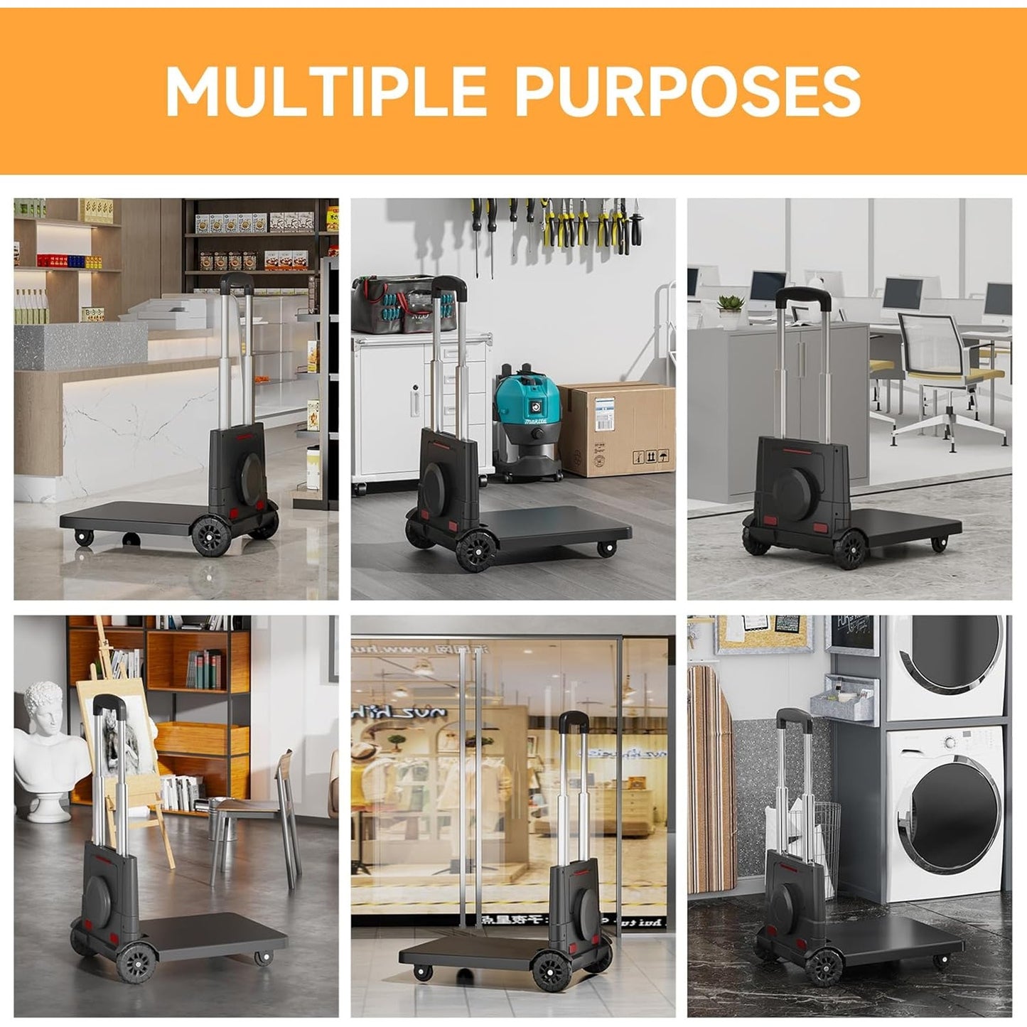 HD Folding Trolley Cart, 220 lb Cap., 4 Wheels, Bungee Cord, Telescopic Handle