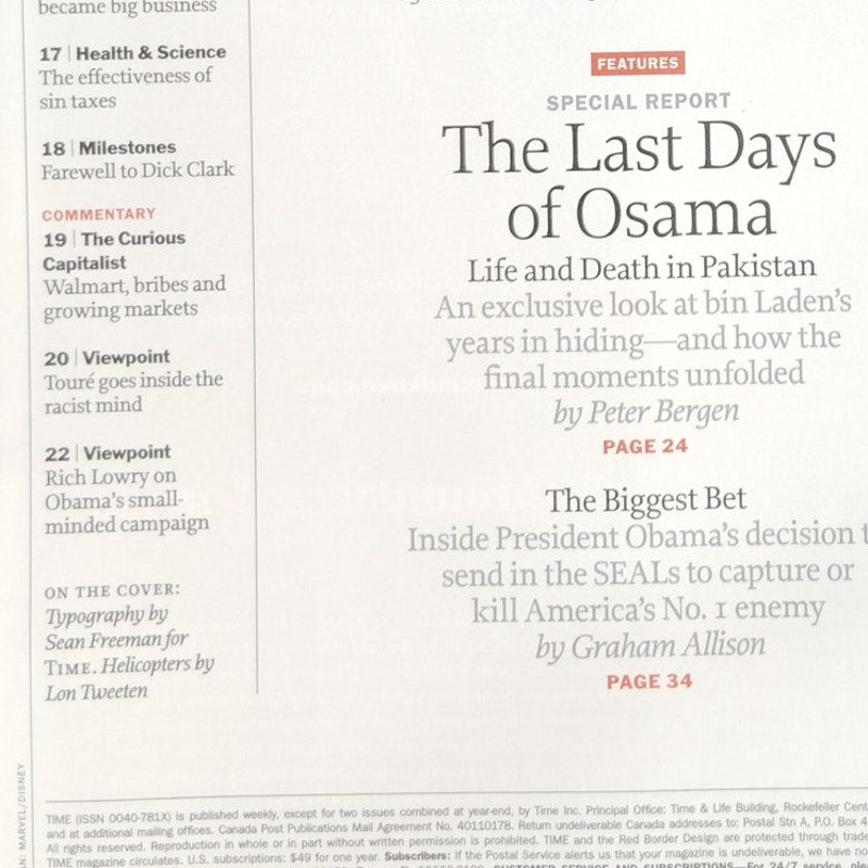 Time Magazine May 7, 2012 - Last Days of Osama Bin Laden, Ironman Avengers