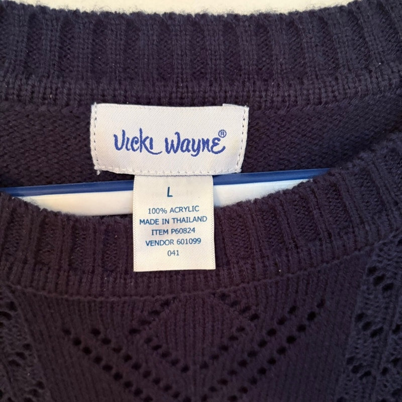 Vicki Wayne L 3PC Navy Openwork Sweater & Lori by AM Casuals 16 Pants Set