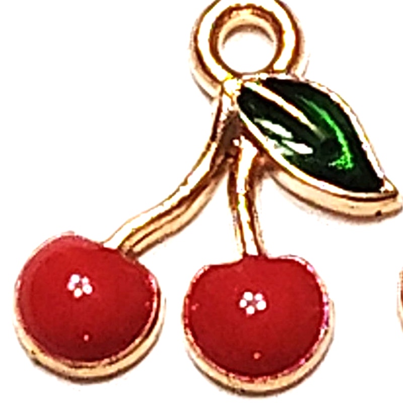 Cherry Dangle Charms Pair Gold‑Tone Red Enamel 1/2" Jewelry Making Pendants