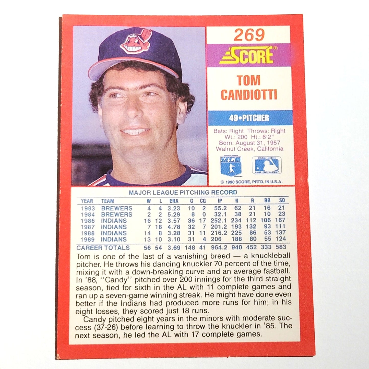 1990 Score Tom Candiotti #269 Cleveland Indians Pitcher MLB Baseball EX