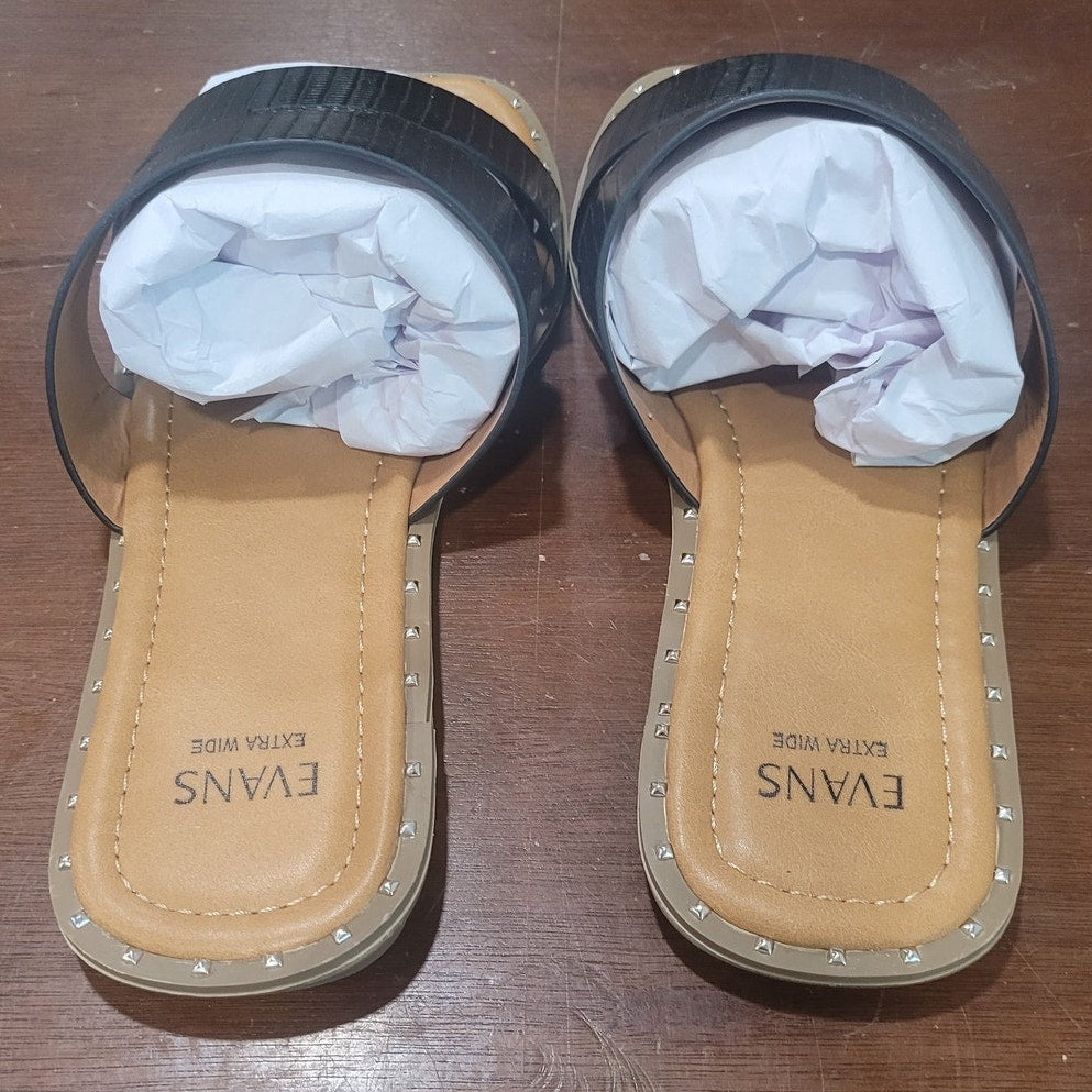 Evans Riley Emboss Sandal – Black, Women’s 8W, Double Strap Slip-On, Wide Fit