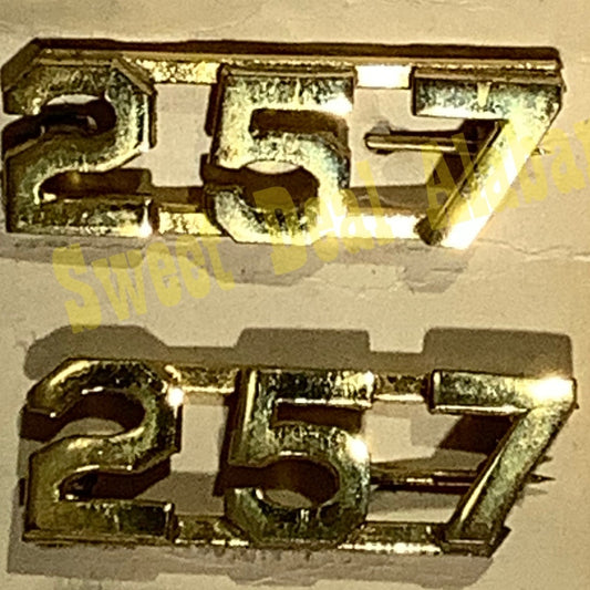 Early/Mid 1900s Brass C-Clasp "257" Collar Devices 3/8"H Hat / Lapel Pins Set