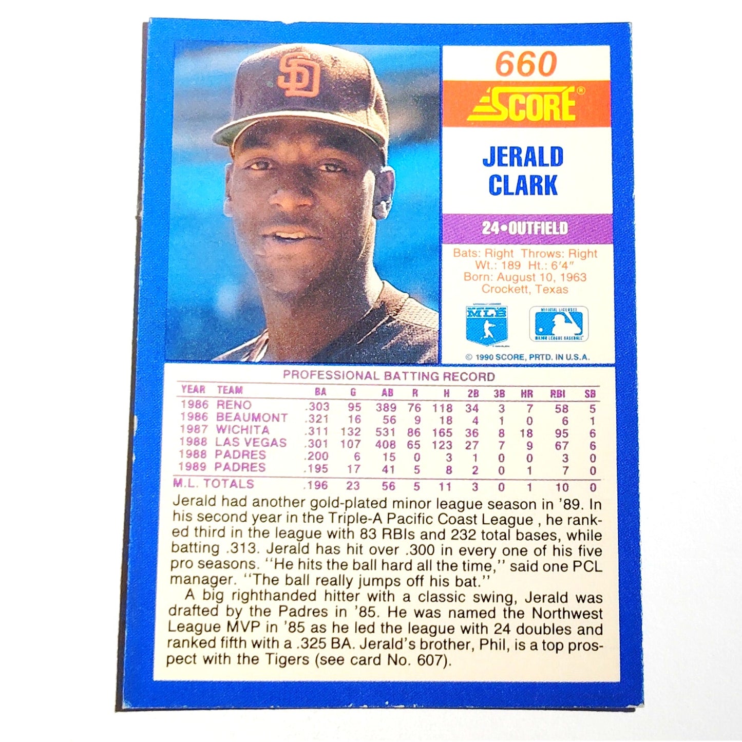 1990 Score Jerald Clark RC #660 San Diego Padres Outfielder Rookie Baseball EX