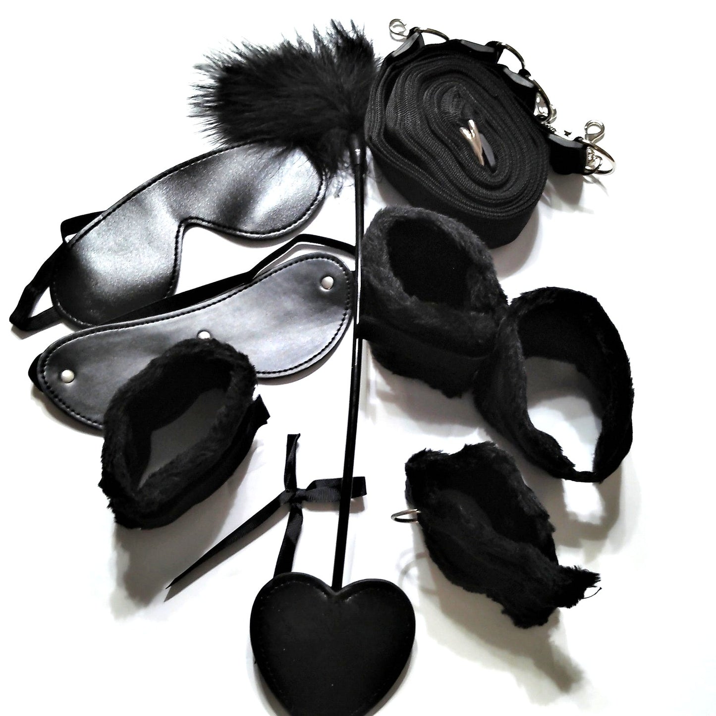 Black Cosplay Accessory Set Hand Cuffs Leg Cuffs 2 Mask Tickler Flogger Web Belt