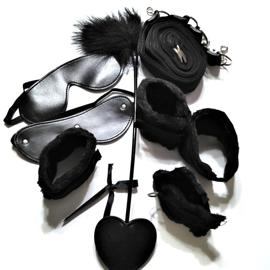 Black Cosplay Accessory Set Hand Cuffs Leg Cuffs 2 Mask Tickler Flogger Web Belt