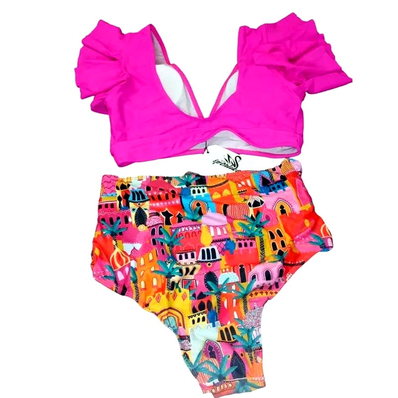 SPORLIKE Ruffle High Waist, Two Pieces Push Up Padded Bikini, Castle/Pink, S