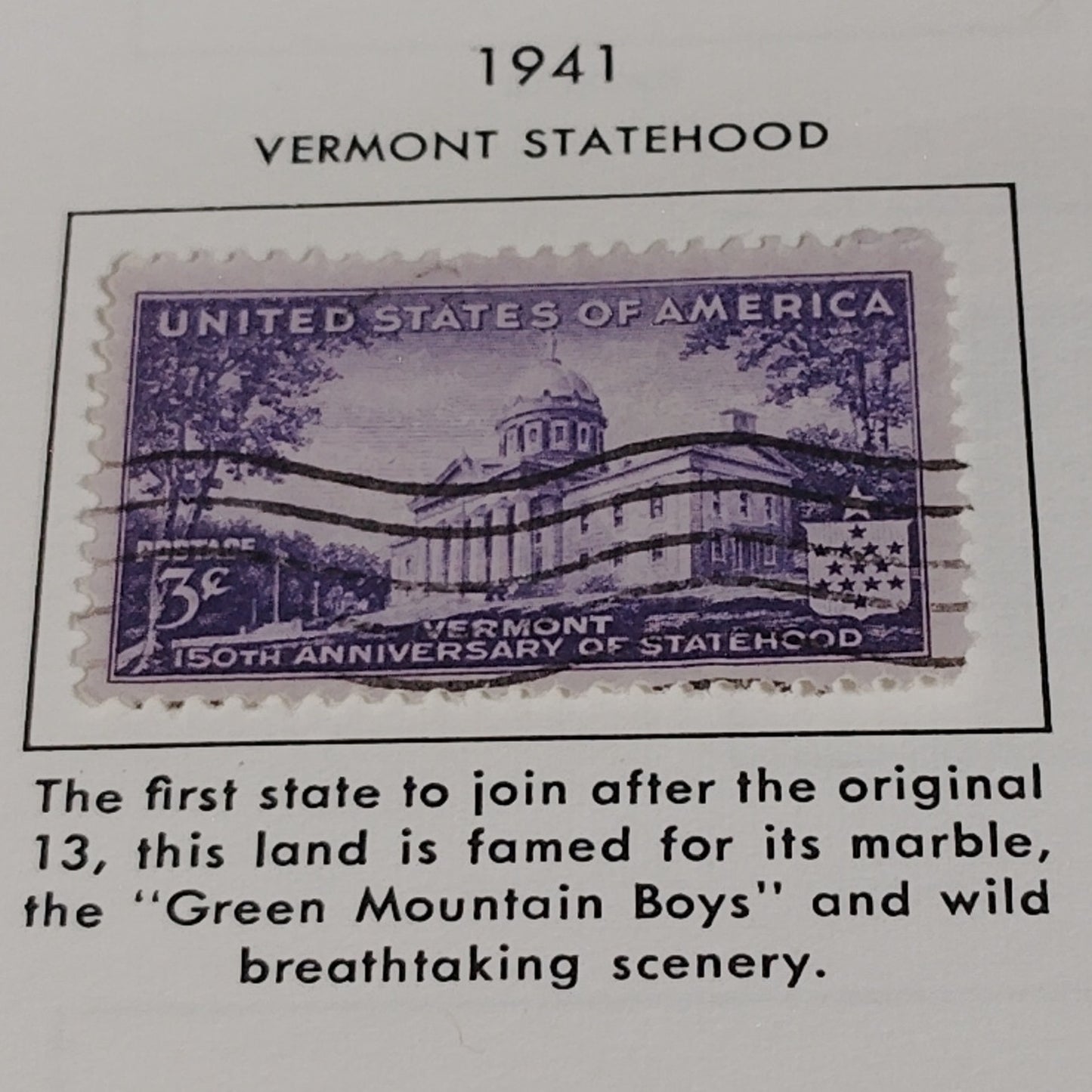 1941 3¢ Vermont Statehood Stamp – Scott 903 – Montpelier Capitol – Canceled