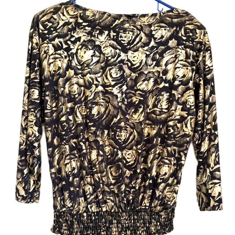 Jeri Marque Vintage Black Gold Metallic Rose Print Long Sleeve Top Medium