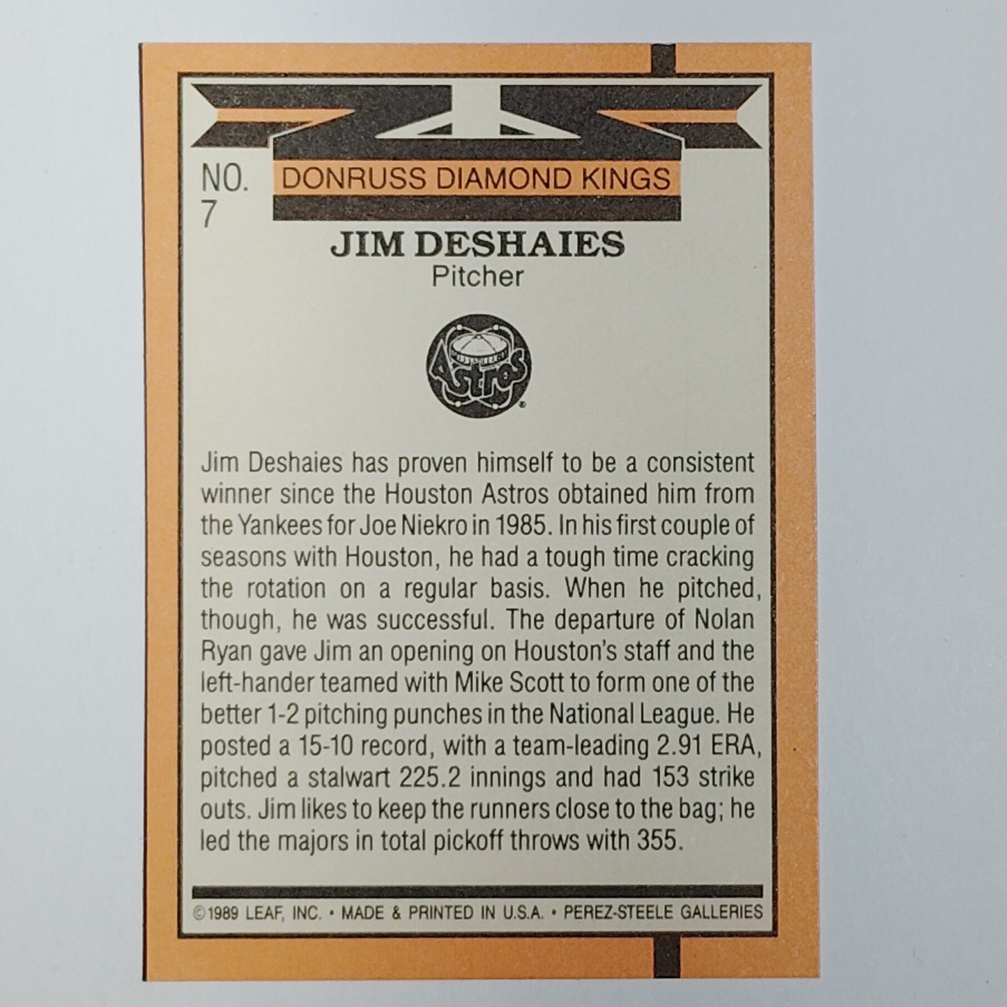 1989 Donruss Diamond Kings Jim Deshaies 7 Houston Astros Pitcher Perez Art VG/EX