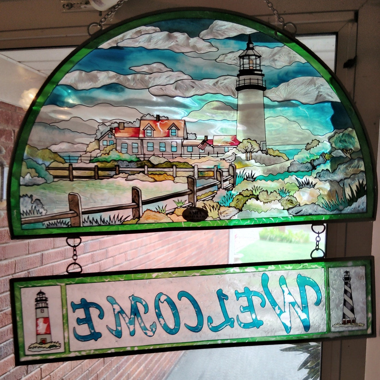 Vintage Stained Glass Lighthouse “WELCOME” Hanging — Coastal Window Art 12"x11"