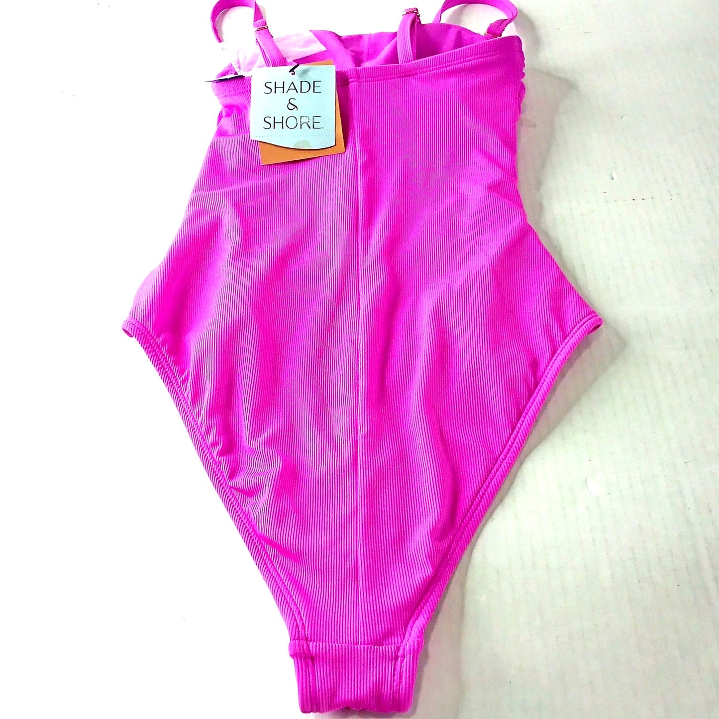 Shade & Shore Ribbed High‑Leg Bandeau 1-Piece Swimsuit, Pink XS Removable Strap