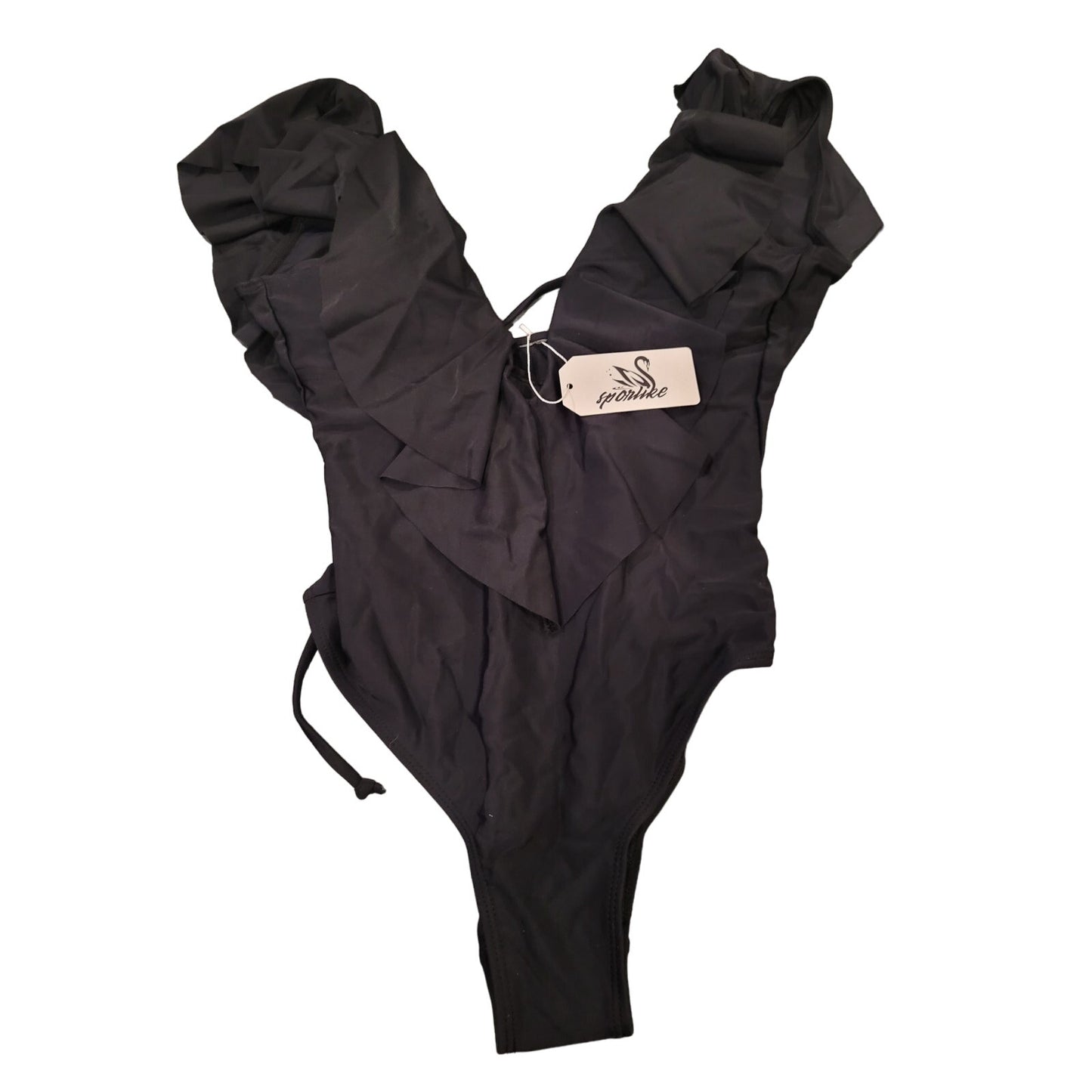 SPORLIKE One Piece V-Neck Ruffle Bathing Suit Padded Monokini, Blk, S (4-6)