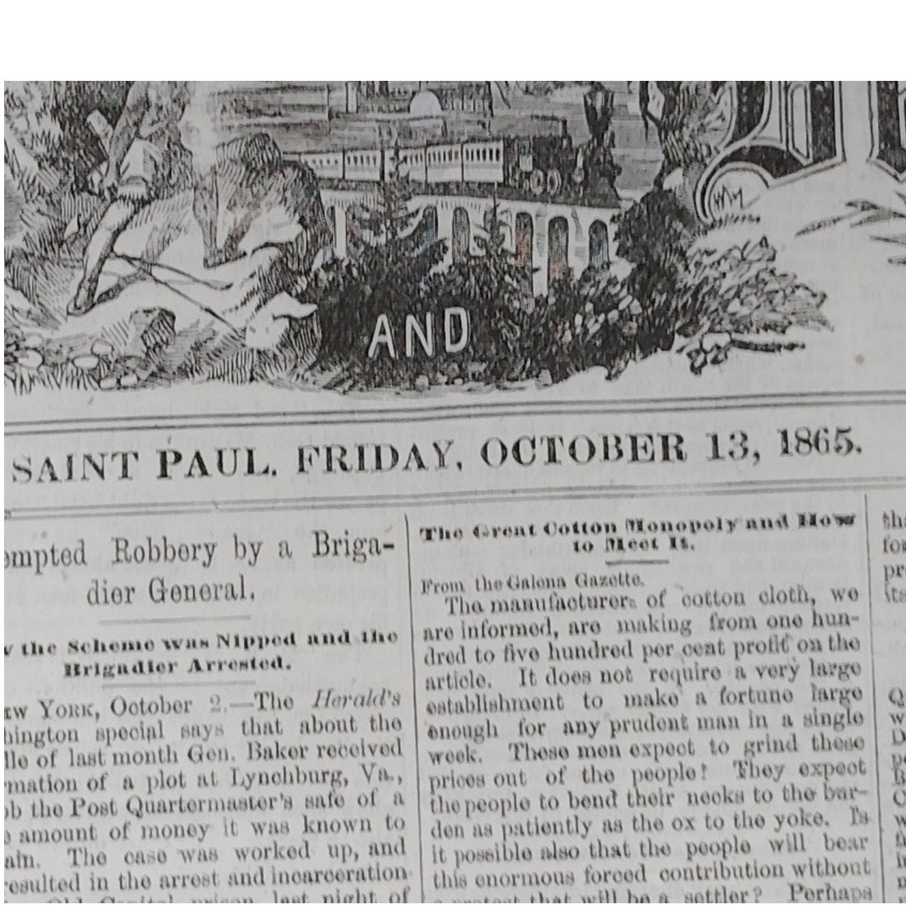 Framed Art- St. Paul, MN- Pioneer Democrat Newspaper, Friday October 13, 1865