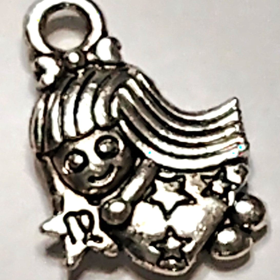Virgo Zodiac Charm Patinated Silver‑Tone Metal Figure with Stars 5/8" Pendant