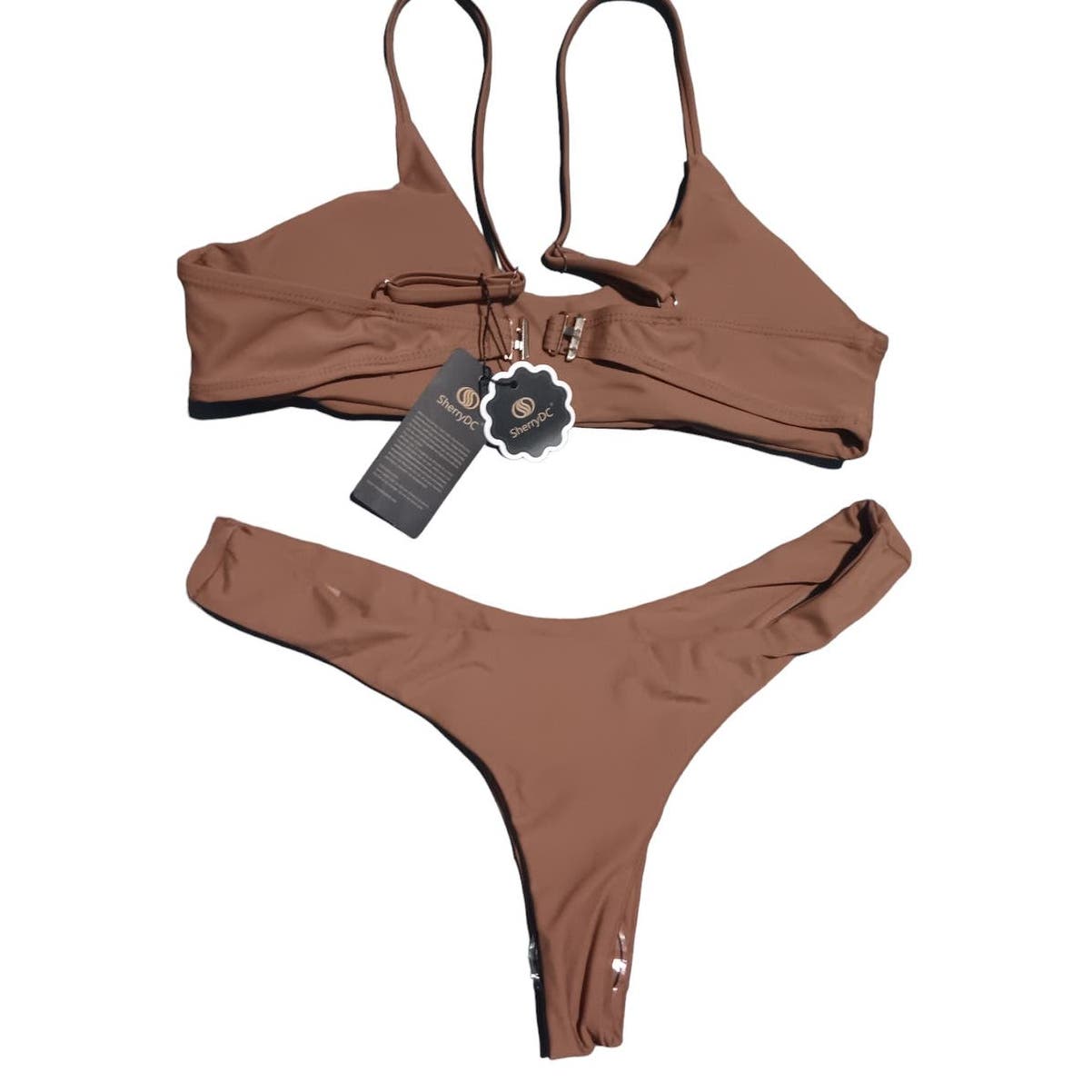 SherryDC Solid Scoop Neck Push up Padded Brazilian Thong Bikini, Brown, L