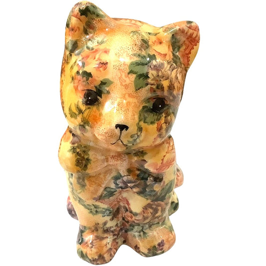 Vintage Floral and Lace Patchwork Designed Cat Figurine by Joan Baker Designs