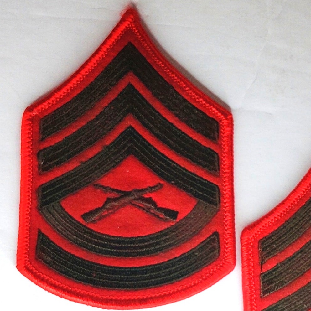 USMC Gunnery Sergeant E‑7 Chevrons Green on Red Female Size 4‑1/4" × 2‑7/8" Pair