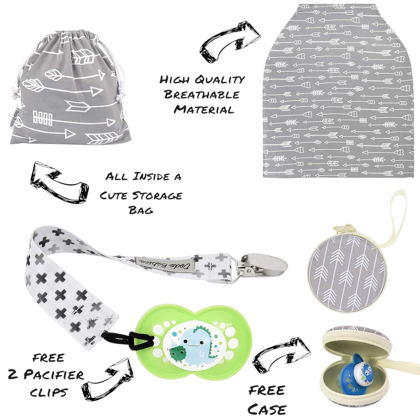 Dodo Babies Nursing Cover Set, Scarve / Car Seat Cover, 2 Pacifier Clips & Case