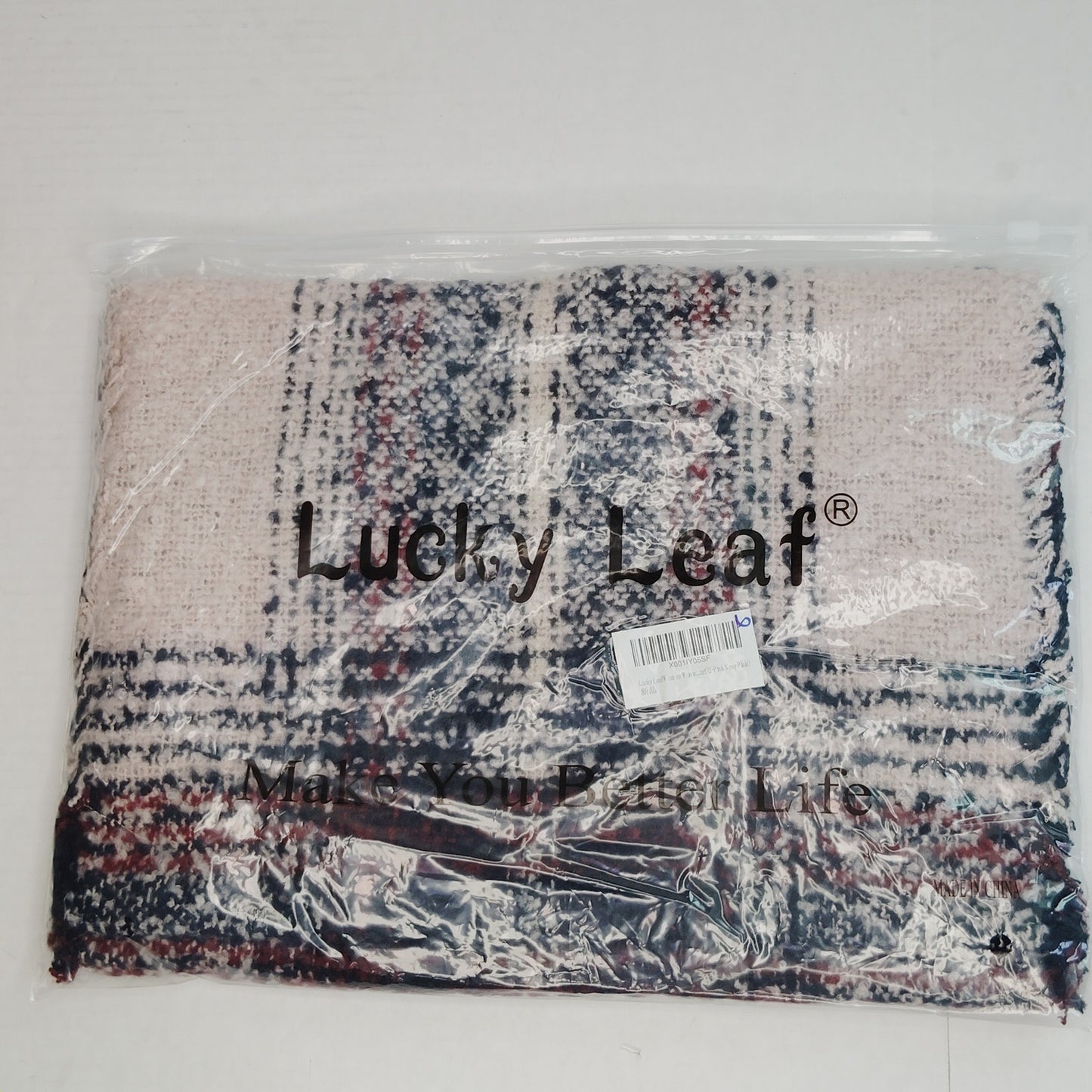 Lucky Leaf Infinity Scarf w/ Tassels Lightweight 100% Acrylic,  Pink Navy Plaid