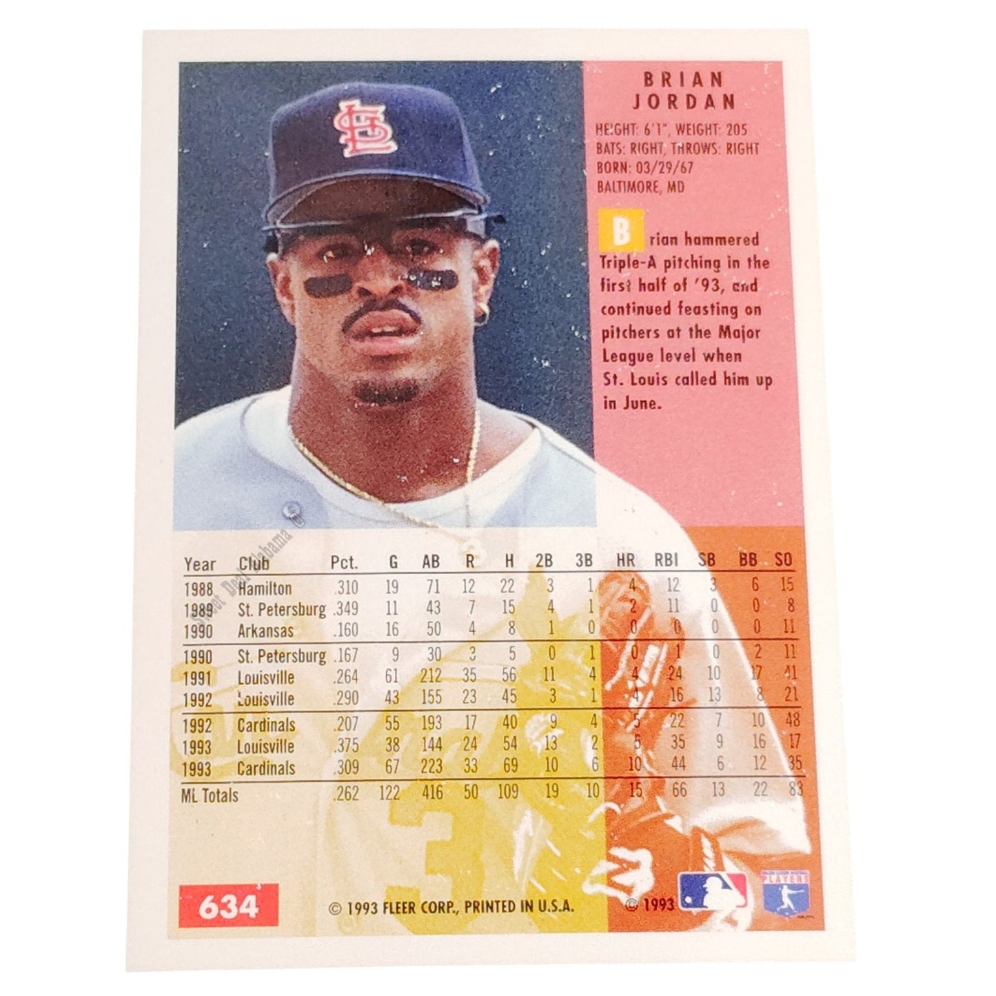Brian Jordan, St. Louis Cardinals, #634, 1994 Fleer Baseball Collector's Card