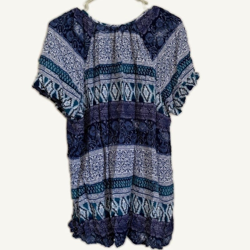 Faded Glory Women's Plus 1X Blue White Mixed Print Short Sleeve Peasant Top