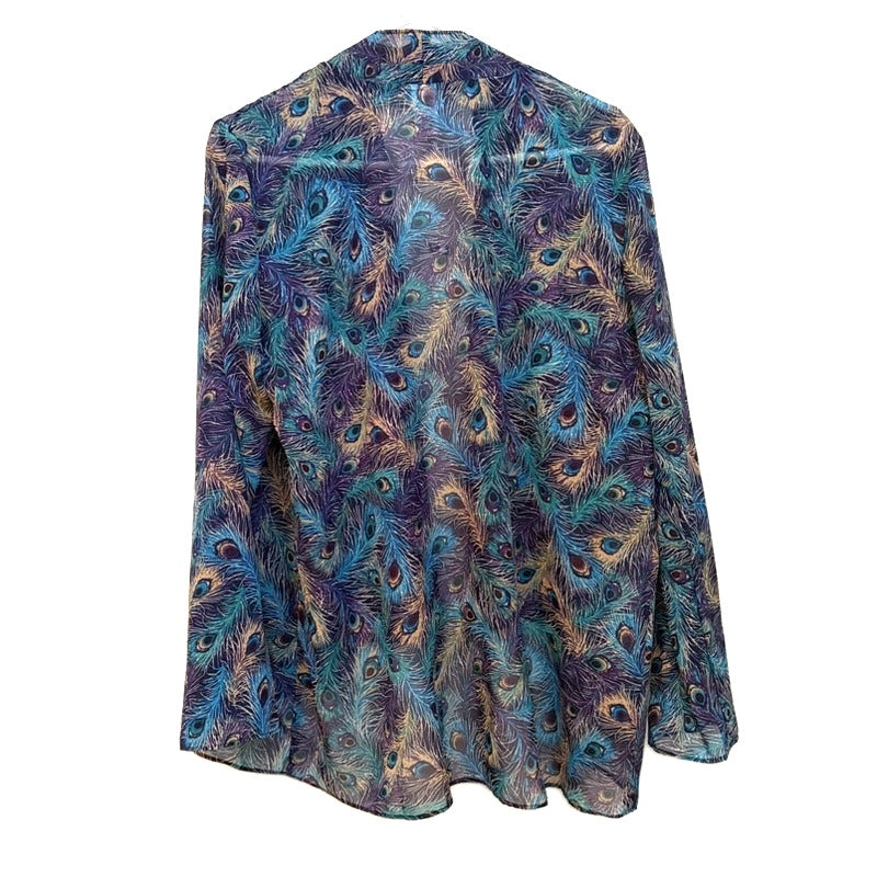 AVON Navy Velvet Dress & Peacock Feather Print Open Front Cover Up Set - L/XL