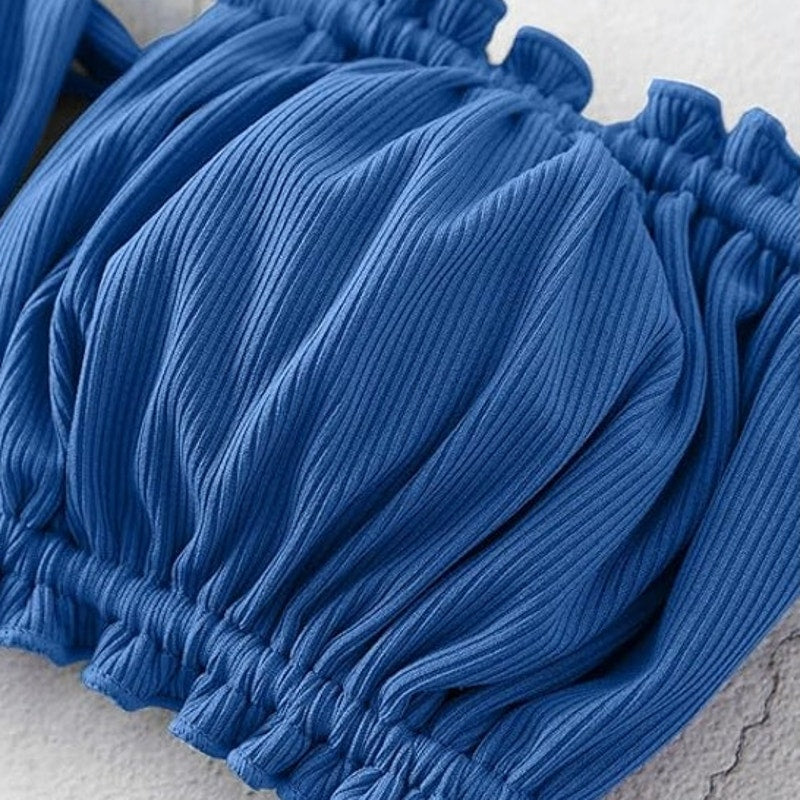 ZAFUL Women’s Ruffle Ribbed Self‑Tie Bandeau Bikini Set – Blue – Small (4) – NWT