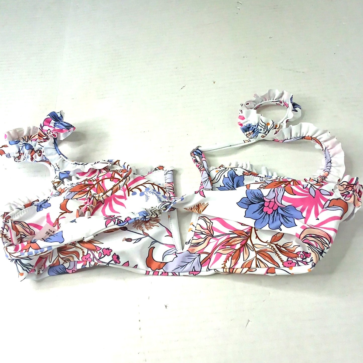 ZAFUL Frilled V Wired Floral Plant Print Bikini Swimwear Top White S (4)